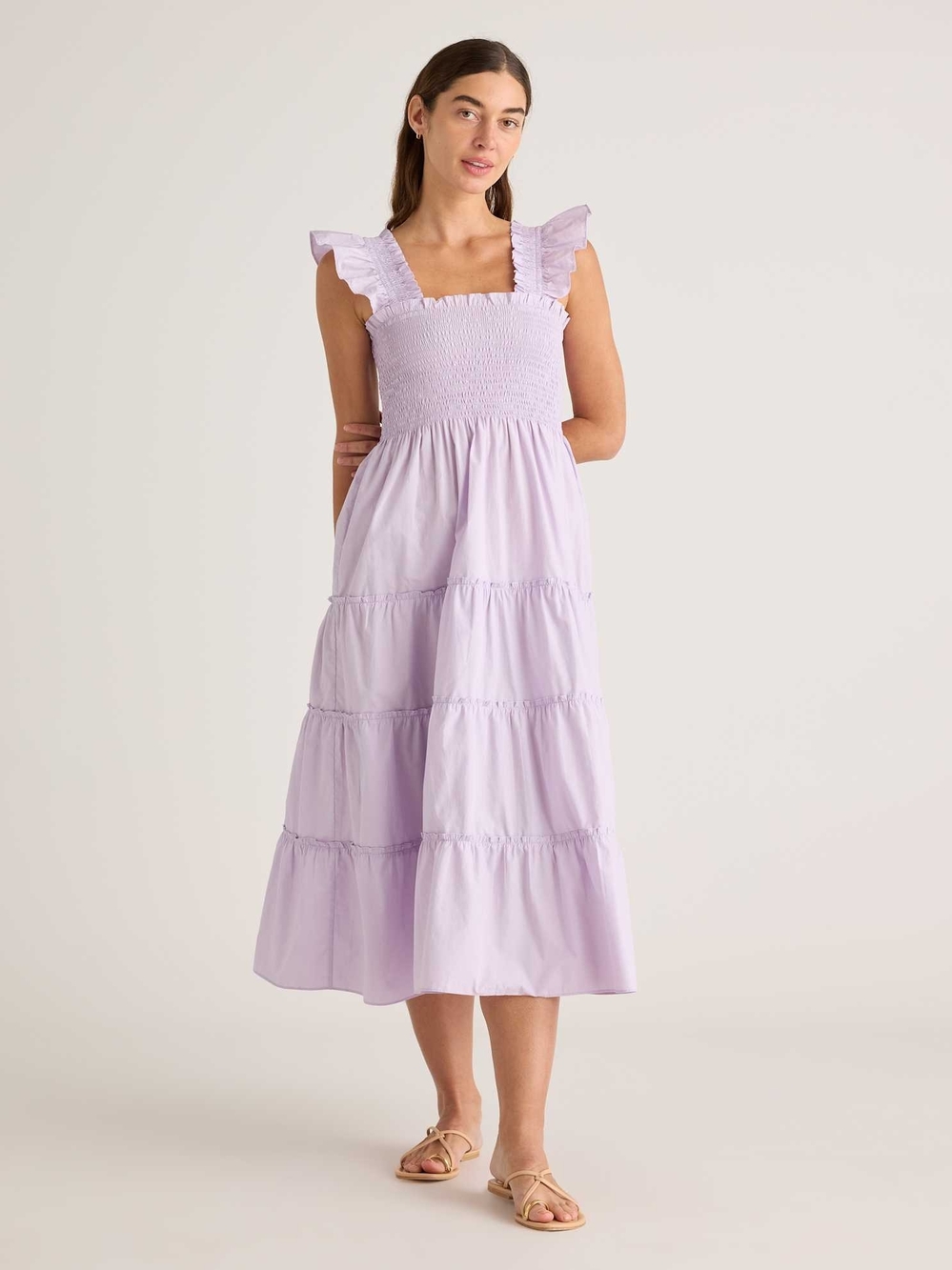Quince 100% Organic Cotton Smocked Midi Dress in pastel lilac